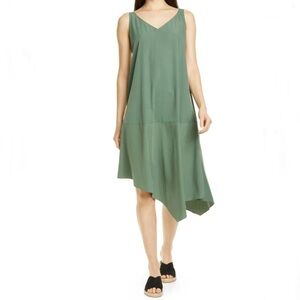 Eileen Fisher Asymmetric Hem Sandwashed Tencel Sleeveless Green Shift Midi Dress